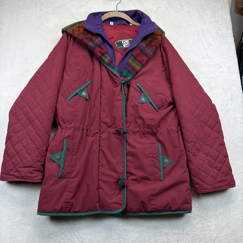 Vintage 80s Ski Jacket Women's 14 Colorblock Plaid Hood Parka Andy Johns